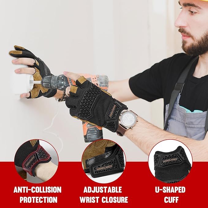 HANDLANDY Fingerless Work Gloves for Mens & Women, Uwrist Half Finger Shock-Absorbing Breathable Glove