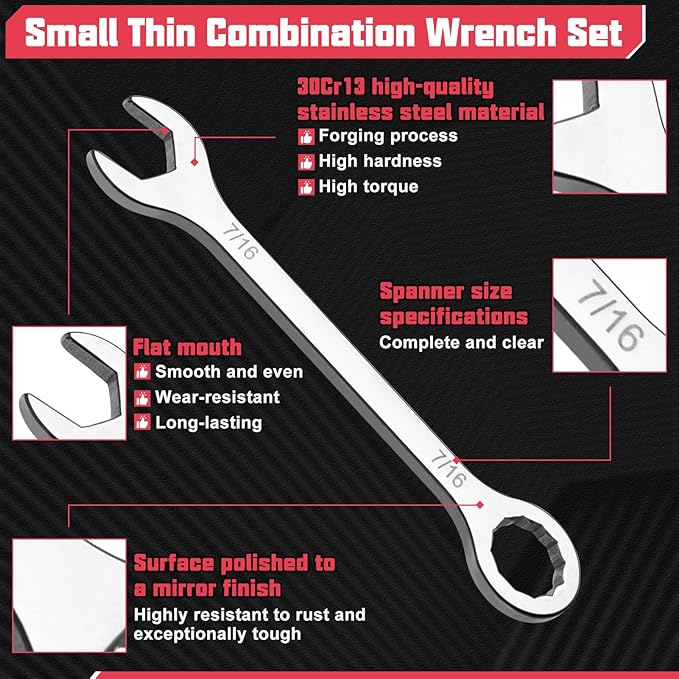 10Pcs Ultra-Thin Standard SAE 5/32"-7/16" Mini Wrench Set Stainless Steel Combination Wrenches Open End and Box End Combination Wrench Ignition Wrenches with Circle Ring,Gate Clip in Pouch