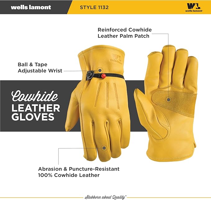 Wells Lamont Leather Work Gloves for Men – Heavy Duty, Cowhide, Abrasion & Puncture Resistant – Adjustable Wrist, Gunn Cut Design, Ideal for Ranching, Farming, Construction -Saddletan - XL