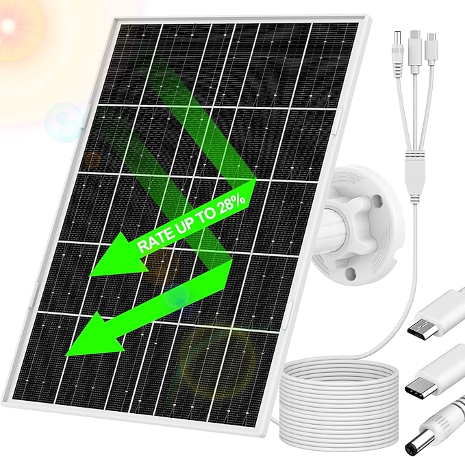 8W Solar Panel for Security Camera, Charger With Micro USB, USB-C & DC Port, IP65 Waterproof, 9.8Ft Charging Cable, Suitable for Rechargeable Battery Cameras