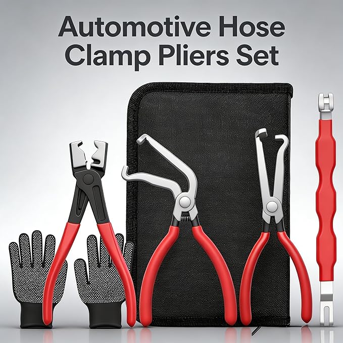 5-Pcs Kit Electrical Disconnect Pliers Set w/Gloves - Auto Connector Tool for Fuel Line, Wiring, Sensors & Coils | Quick-Release Car Truck Repair (Red)