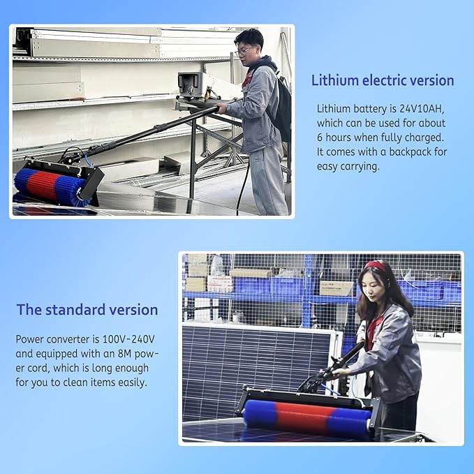 Solar Panel Cleaning Brush and 11FT Water Fed Pole Kit, Adjustable Extension Roller Brush, Window Washing Cleaner Equipment with Lithium Battery