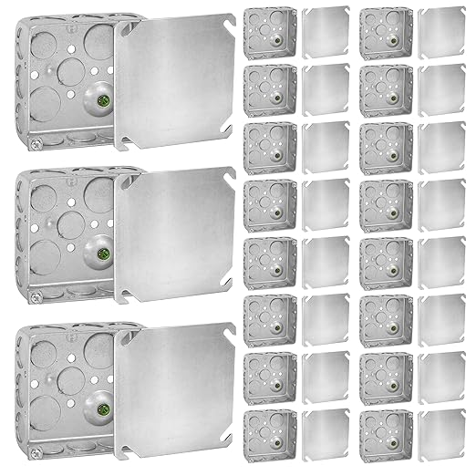 OHLECTRIC 4x4 Electrical Junction Boxes with Blank Covers (20-Pack) 1-1/2 Inch Deep, 21 Cu. in. 4 Inch, Heavy-Duty Metal Outlet Boxes, Bulk Pack Steel Box Duplex Receptacle & Black Cover, UL Listed
