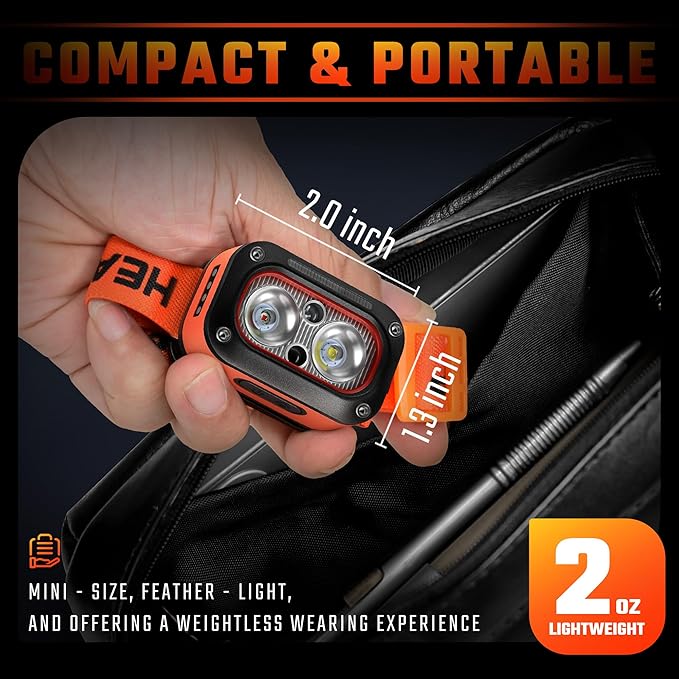 DARKBEAM LED Headlamp High Lumens USB Rechargeable White & Red Dual Light Headlight for Hardhat with Motion Sensor, Up/Down Adjustable, Waterproof Head Lamps for Camping, Car Maintenance