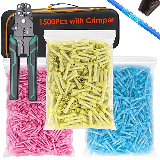 smseace 1500PCS Heat Shrink Butt Connector with Crimping Tool Packed in Handbag 22-10AWG Waterproof Electrical Wire Crimp Connectors for Automotive Boat Stereo Industrial Equipment
