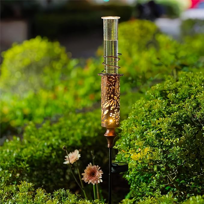 Rain Gauge Outdoor, Solar Rain Gauges for Yard, Freeze Proof Rain Gauge with 7" Plastic Tube, Copper Metal Decorative Garden Stake with Led Light, Brown