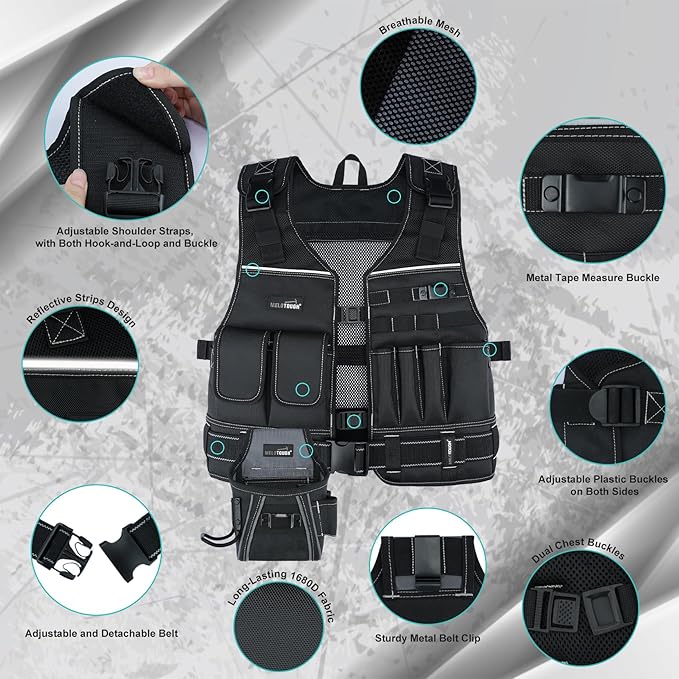 MELOTOUGH Tool Vest for Men with Pouches and Belt, Adjustable Multi-Pocket Safety Tool Vest for Electrician, Carpenter(Black)