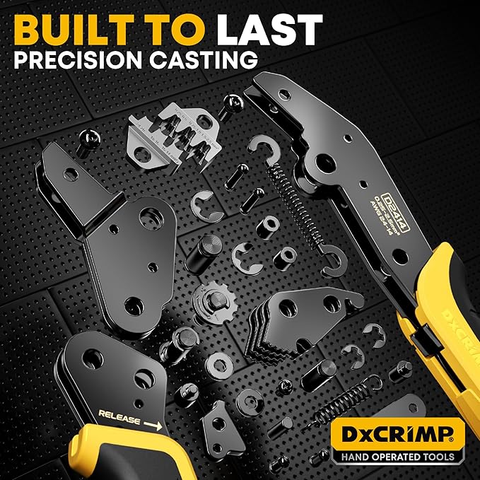 Crimping Tool Kit, 14-Type Open Spade & Quick-Disconnect Connector Set (2.8/3.9/4.8/6.3 mm) Non-Insulated Brass Terminals, 24–14 AWG Ratcheting Crimper, for Automotive, Marine, Appliance, DIY