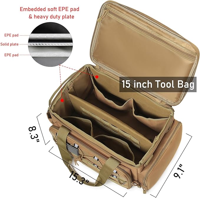 15-Inch Tool Bag Multi-purpose Tool Organizer Bag For Men with Shoulder Strap, Tactical Range Bag Work Tote for Repairman, Carpenters, Handymen (Khaki)