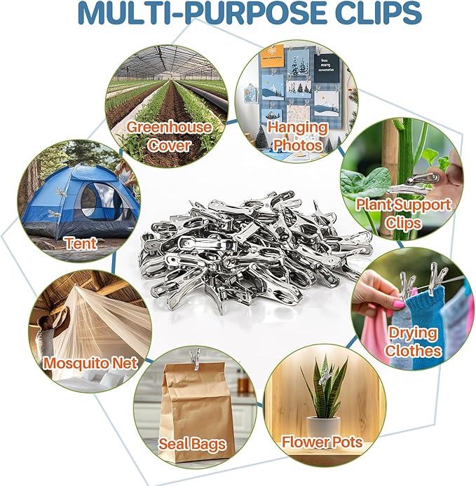 50 PCS Garden Clips - Stainless Steel Greenhouse Clamps,Grip Strong Heavy Duty Metal Greenhouse Supplies,Garden Clips for Netting, Hoops,Shade Cloth,