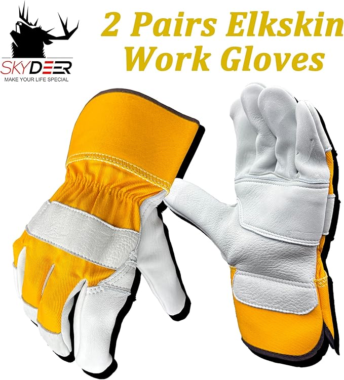 SKYDEER Premium Very Thick Wild Elkskin Leather Heavy Duty Work Gloves for Men (2 Pairs Large), All-Weather Durable & Breathable, Anti-Slip Grip for Heavy-Duty Labor, Construction, and Gardening