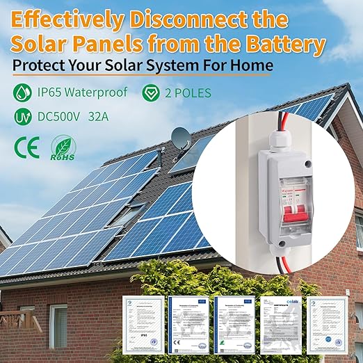 Wayona Solar Panel Disconnect Switch DC 500V Circuit Breaker Box 32Amp IP65 Waterproof Miniature Circuit Breaker Solar PV Disconnect Switch Box Outdoor