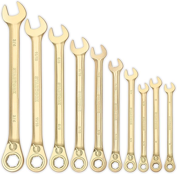 STARWORK 20 Pc. 6-Point SAE, Metric 15° Offset Vintage G-Plating Reversible Non-Slip Long Pattern Ratcheting Combination Wrench Set (5/16" -3/4" & 8-19 mm)