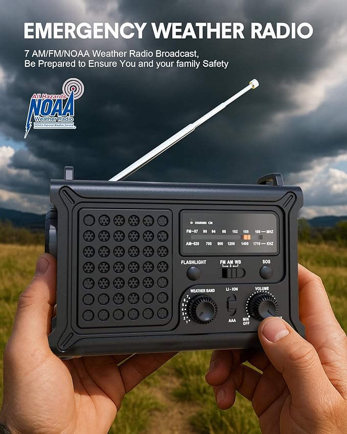OnLyee Emergency Radio, Hand Crank & Solar Powered NOAA Weather Radio, 12000mAh Power Bank, AM/FM, LED Flashlight & Reading Lamp for Hurricane, Blizzard, Power Outage, Outdoor Camping, Survival Gear