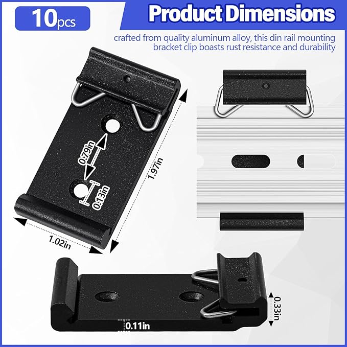 Hicarer 10 Pcs Din Rail Mount Clip 1.02 Inches Width Snap in Universal Mounting Brackets Fixed Clamp, Black Aluminum Alloy Relay Clip for 35mm Din Rail Switches and Injectors