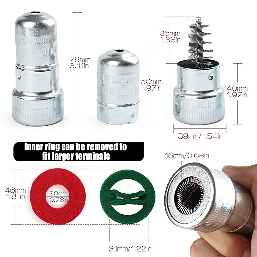 LotFancy Battery Terminal Cleaners (2 pcs), Plus 12 pcs Battery Terminal Anti-Corrosion Fiber Washers (6 Red & 6 Green) for Car Marine Battery