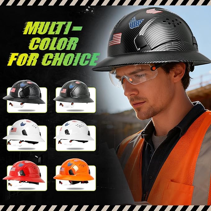 Carbon Fiber Pattern Full Brim Hard Hat with Visor-OSHA Approved Construction Safety Helmet for Men Women,ANSI Z89.1 Vented Reflective Hardhat with Hard Hat Chin Strap,6-Point Suspension