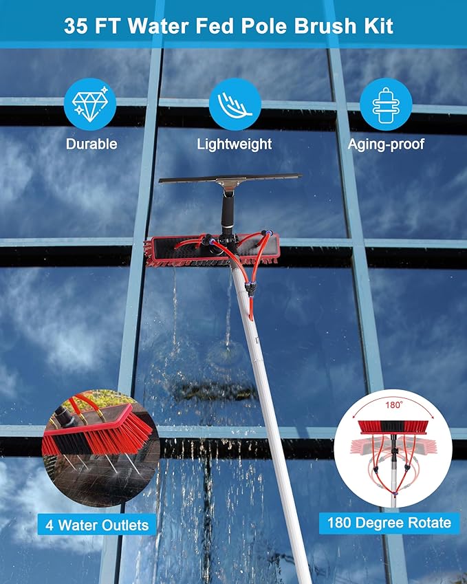 35ft Solar Panel Cleaning Brush & Squeegee, 2 Dusting Brush, Lightweight & Extendable Poles, Water Fed Poles Kit for Roof Window Greenhouse