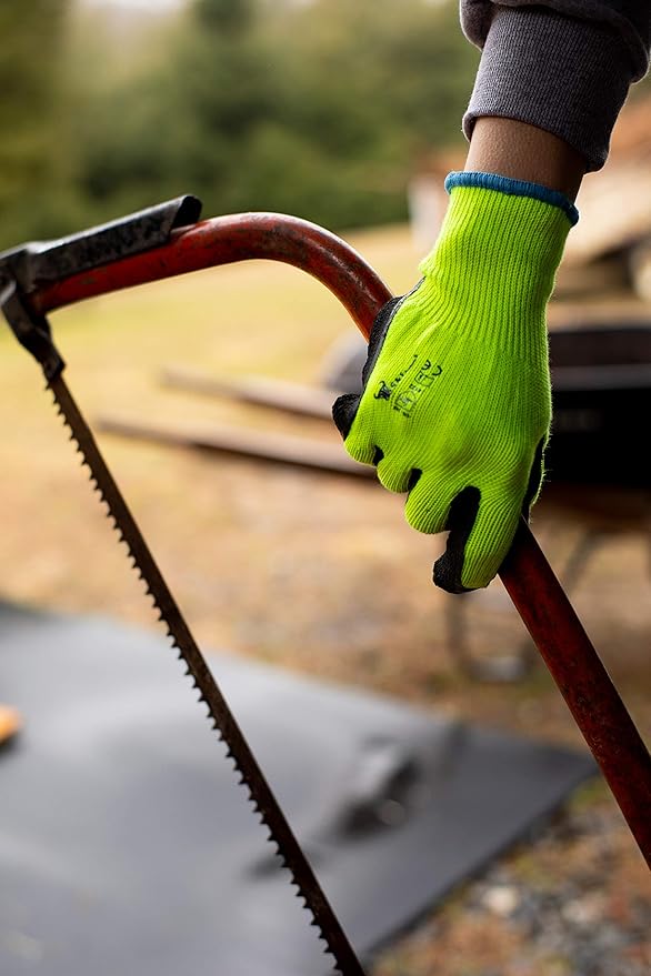 G & F 1516 12 Pairs Pack Premium High Visibility Work and gardening Gloves for Men and Women. MicroFoam Textured Coated Palm and Fingers Gloves for Gardening Work, Size Small, Green