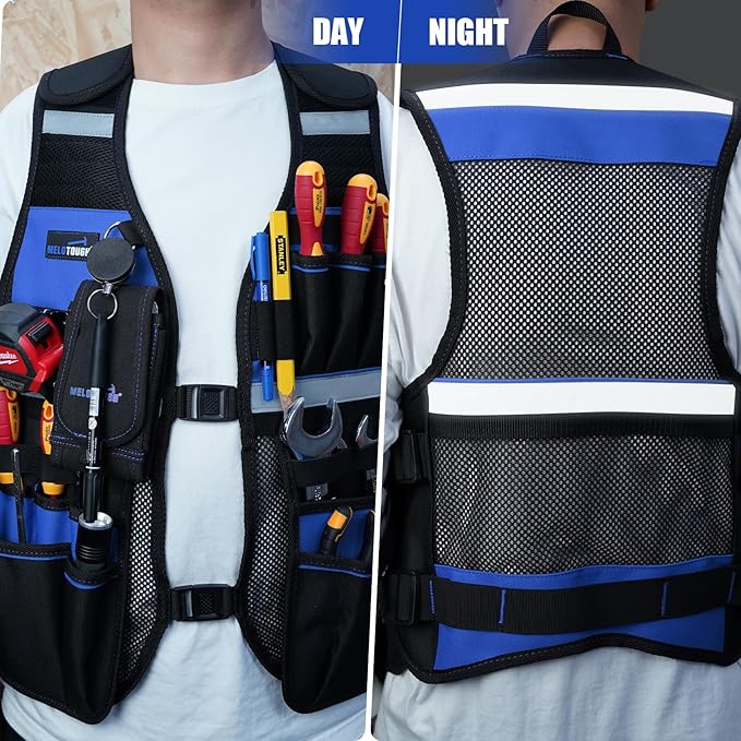 MELOTOUGH Tool Vest for Men Reflective Safety Tool Vest with Adjustable Straps, Removable Phone Holder for Electrical, Carpenters, Construction, Handyman (Blue)