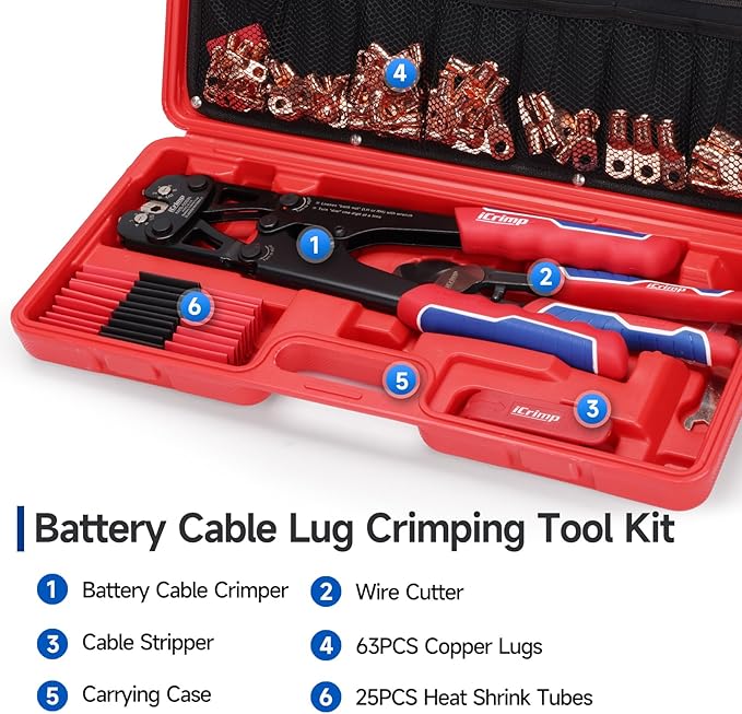 iCrimp Battery Cable Lug Crimping Tool Kit for 8-1/0 AWG - 63pcs Copper Lugs & 25pcs Heat Shrink Tubes, Wire Cutter & Stripper