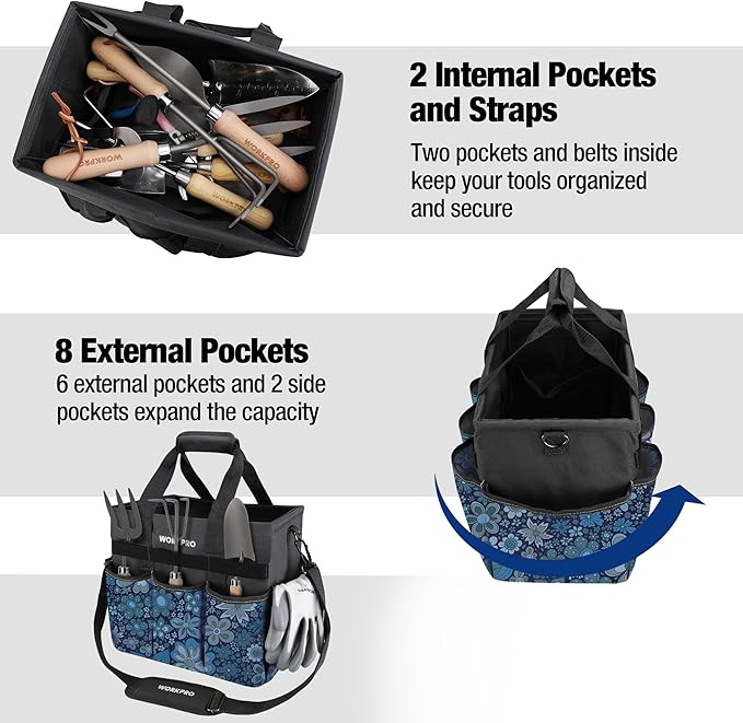 WORKPRO Garden Tool Bag Organizer, Heavy Duty Gardening Tote Bag with 10 Pockets and Long Adjustable Shoulder Strap, Standable Garden Home Tool Kits Organizer, Floral Blue (Tools are not included)