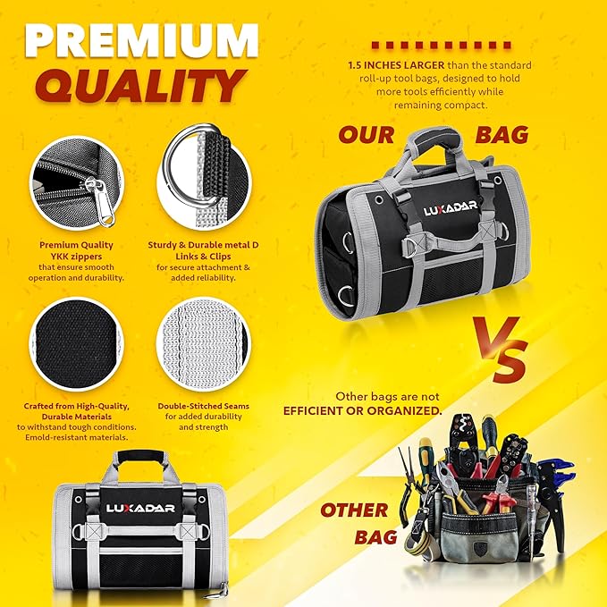 Updated Tool Roll Up Tool Bag Organizer, Name Tags, Advansed Features, Heavy Duty Tool Roll Bag Organizer, Mens Gifts For Him Motorcycle Mechanic & Electrician LUXADAR (6 Detachable Pouches)