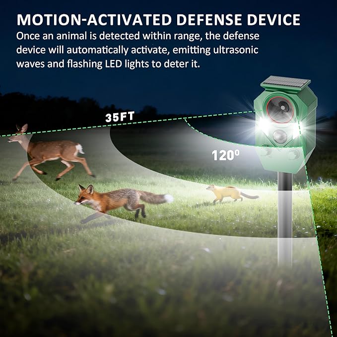 2-Pack Solar Powered Ultrasonic Animal Repeller, Outdoor Waterproof Deer Squirrel with Motion-Activated Sensor Strobe Light, for Cats, Raccoons, Skunks, Rabbits and More