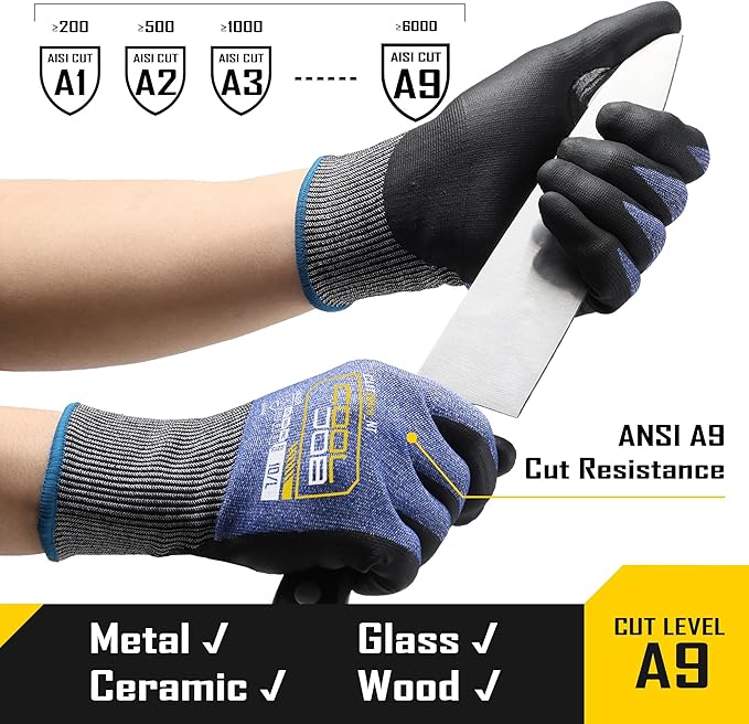 COOLJOB ANSI A9 Cut Resistant Gloves - 1/3 Pairs, Touchscreen Highest Knife Proof Level with Microfoam Nitrile Coated, Safety Work Gloves for Wood Carving, Glass Work, Construction, Blue XS