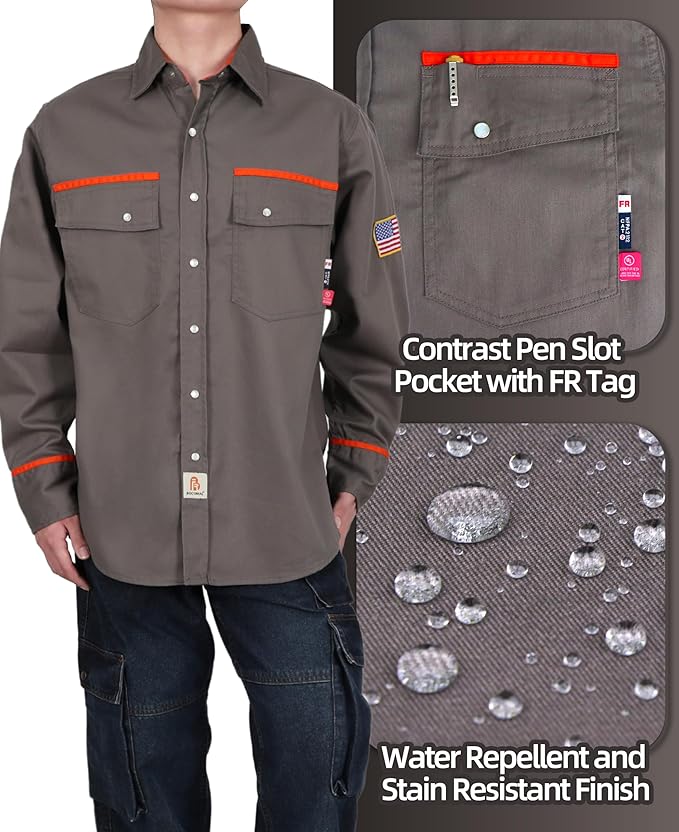 BOCOMAL FR Shirts for Men Flame Resistant Light Weight NFPA2112 Fire Retardant Welding Shirt Water & Oil Repellent Finish