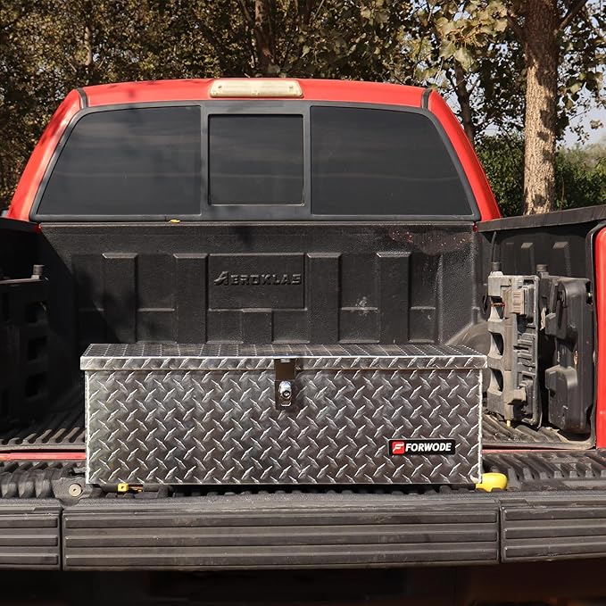 FORWODE 30&48 Inch Aluminum Truck Tool Box Lockable Truck Bed Tool Box Waterproof Truck Bed Storage Box with Gas Struts Side Handle Truck Tool Chest for Pickup, Truck Bed, RV, Trailer&Garage (Silver)