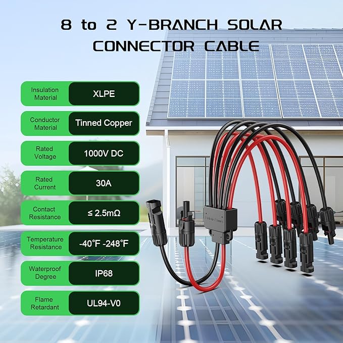 Bateria Power Solar Connectors 30A Y-Branch Cable, Solar Cable Parallel Adaptor Solar Panel Wire Connectors in Pair for Solar Panel (1*MF/MMMMFFFF)