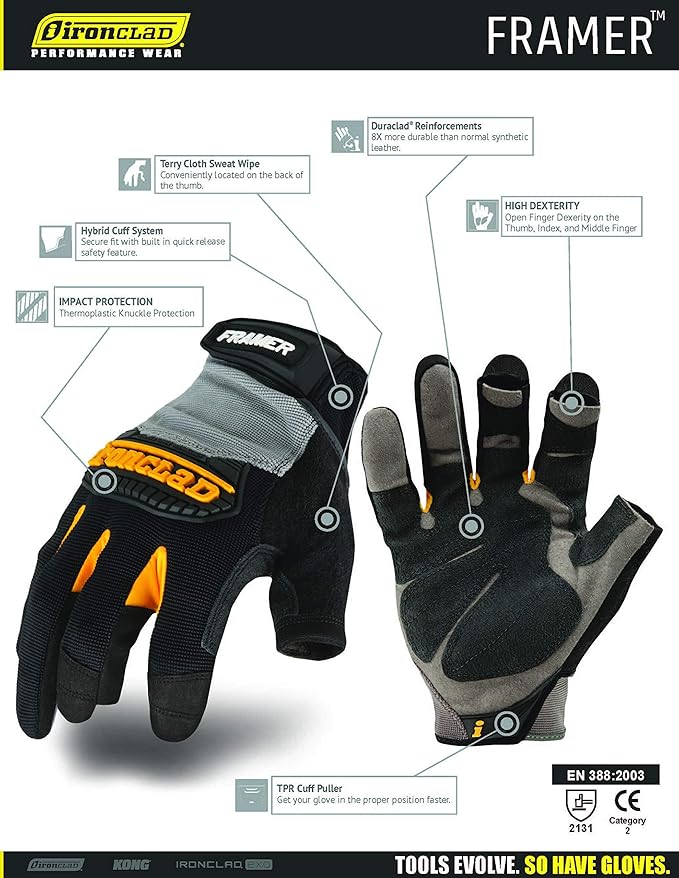Ironclad Framer; Carpenter Work Gloves, Open Finger Dexterity, Performance Fit, Durable, Machine Washable, (1 Pair), FUG-02-S,Grey/Black