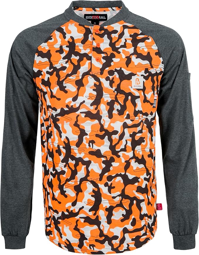 BOCOMAL FR Shirts 6oz Lightweight Flame Resistant Long Sleeve Henley Shirt Fire Retardant Workwear NFPA2112 CAT2