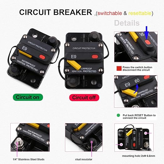 E9 50 Amp Circuit Breaker with Recessed Switch Design | Waterpoof IP67 Protection DC 12V-72V 50A Manual Reset UL Surface Mount