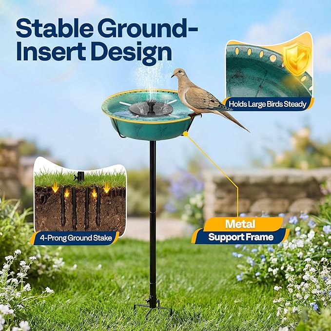VIVOHOME Bird Bath with Solar Fountain for Outside, Weather-Resistant ABS Birdbath Bowl with Solar Powered Pump, Metal Ground Stake for Outdoor, Garden, 1.45 Gallons, Green