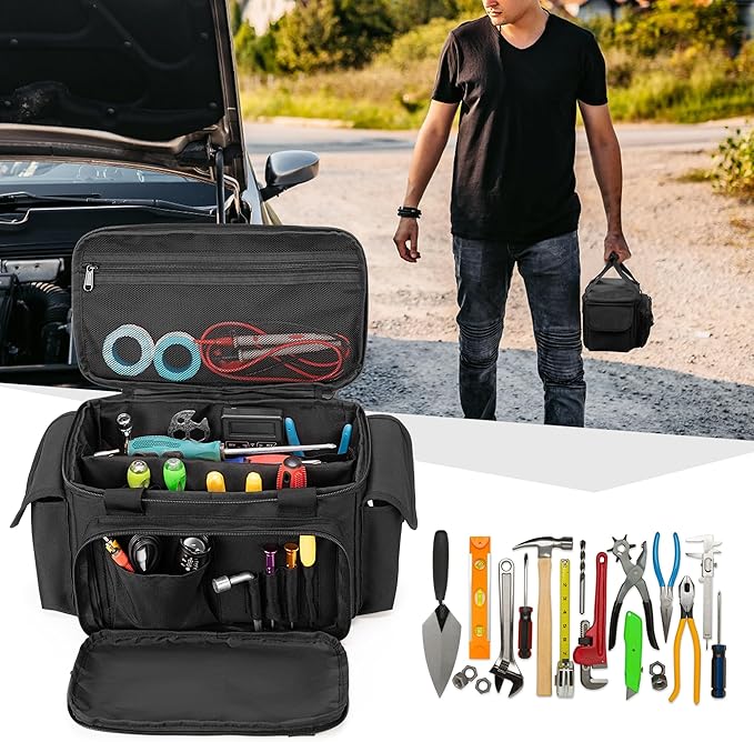 Small Tool Bag with Anti-friction and Thick Padded Bottom, Tool Storage Organizer for Men, Tactical Bag, Range Bag, Multi-functional Work Tote for Repairman, Electrician, Carpenters, Handyman