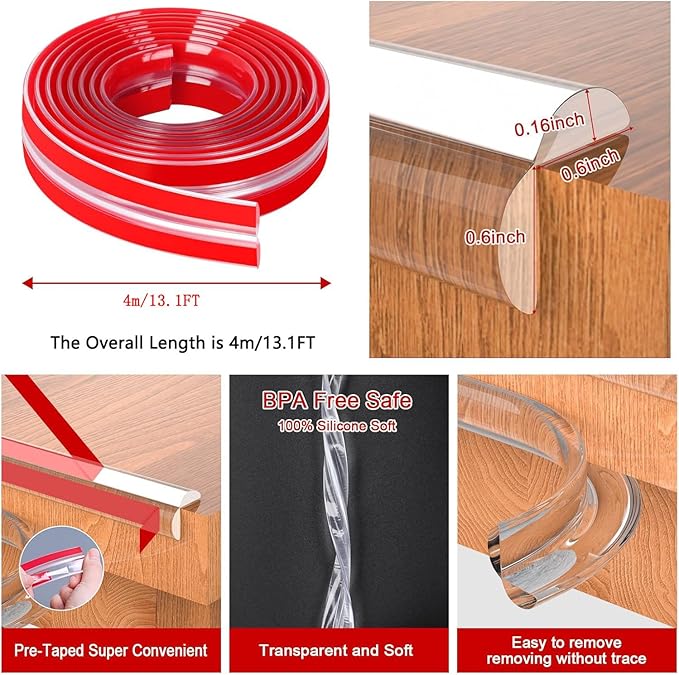 Edge Protector for Baby Proofing,Clear Edge Protector Strip,Sharp Edge Wrap Cover Tape,Self Adhesive Protective Bumper Guards for Cabinet Door,Desk,Glass Table, and Wall 13.1ft(4M) with 4 Corners