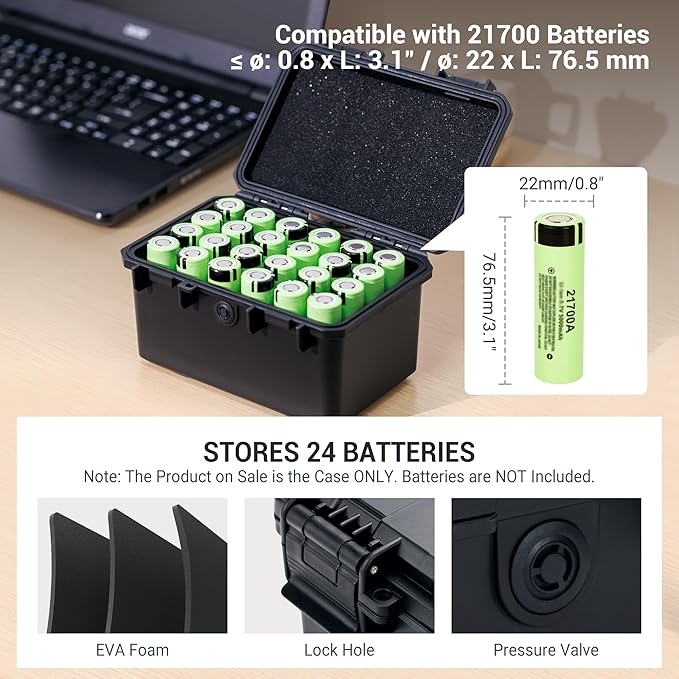 JJC 24 Slots 21700/20700 Battery Case Holder, IP67 Water-Resistant & Shockproof Battery Storage Organizer Box for 21700 or 20700 Battery with Customized Holder, EVA Interior and Pressure Valve