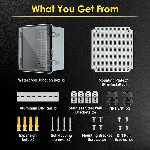 Waterproof Electrical Junction Box, IP67 Plastic Weatherproof Outdoor WiFi Enclosure with Mounting Plate, Wall Brackets, for WiFi Electronics Project, Clear (13"×13"×5")