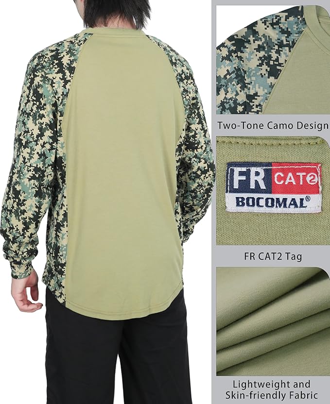 BOCOMAL FR Shirts Crewneck 5.5oz Lightweight Cotton Paisley Camo Two-Tone Flame Resistant Long Sleeve CAT2 Work Shirt