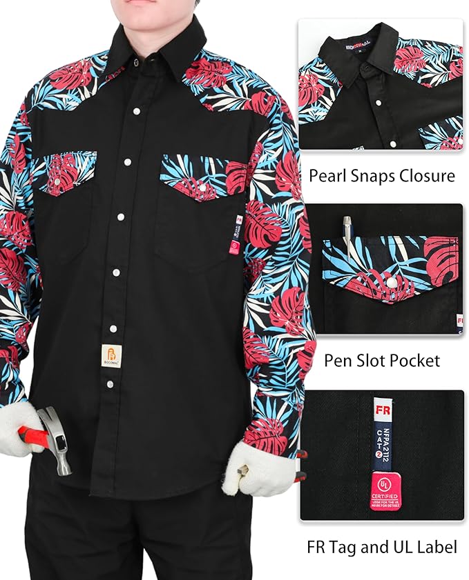 BOCOMAL FR Shirts Pearl Snaps Two Tone Plaid/Solid Flame Resistant Cotton Welding Shirt NFPA 2112 CAT 2