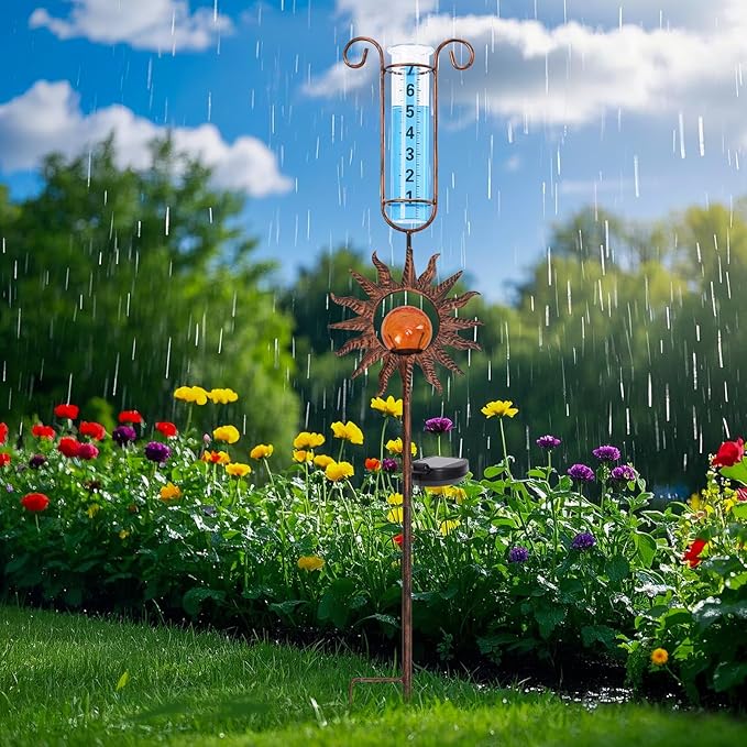 WONDER GARDEN Solar Rain Gauge Outdoor, Sun Decorative Rain Gauges Outdoors Best Rated with Orange Crackled Glass Ball, Freeze Proof Water Rain Measure Gauge for Yard Patio Lawn Decor