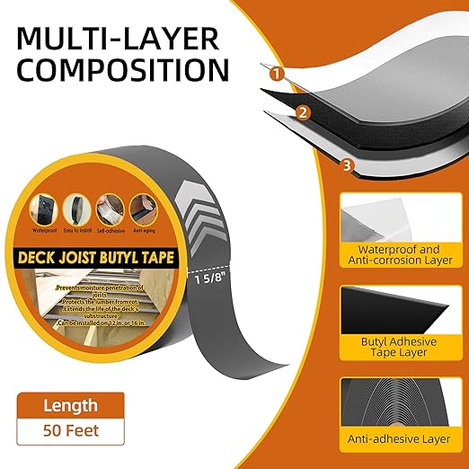 Deck Joist Tape 1-5/8" x 50' Butyl Joist Tape for decking, 6 Pack Flashing Joist Deck Tape for Top of Joists, Rim Joists, Under Joists and Beams