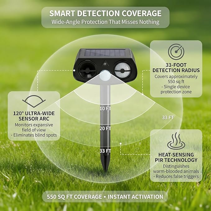 Solar Ultrasonic Animal Repeller Outdoor, Motion Sensor Waterproof Pest Deterrent, Raccoon Skunk Fox Squirrel Rabbit Dog Cat Deer Repellent for Yard Garden Farm, 33ft 120° Coverage, 2 Pack Black