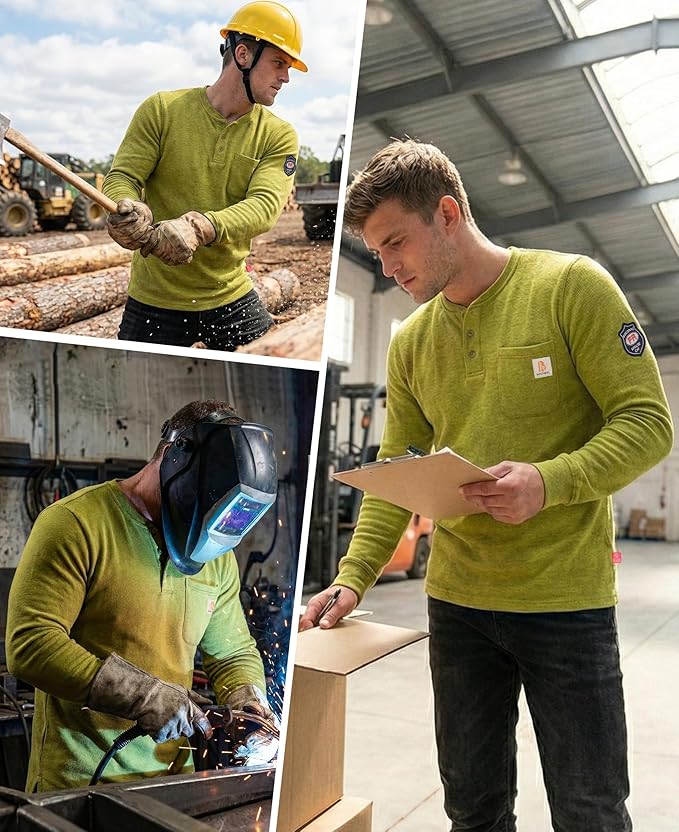 BOCOMAL FR Shirts Henley 7oz Midweight Fire Resistant Clothing NFPA2112 CAT2 Men's Flame Retardant Work Shirt
