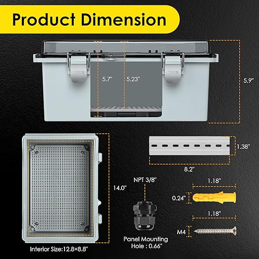 Waterproof Electrical Junction Box, IP67 Plastic Weatherproof Electrical Enclosure with Aluminum DIN Rail, Mounting Plate, Wall Brackets for DIY Project WiFi, Clear (13.8''×9.8''×5.9")