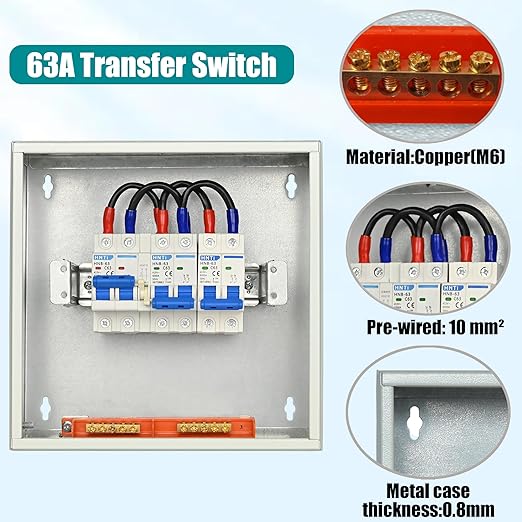 Generator Transfer Switch,63 Amp Manual Transfer Switch, 120/240-Volt Transfer Switch,15,000 Watt Prewired Transfer Switch for Home Generator and Solar Power Systems,with Overload Protection (63A-2P)