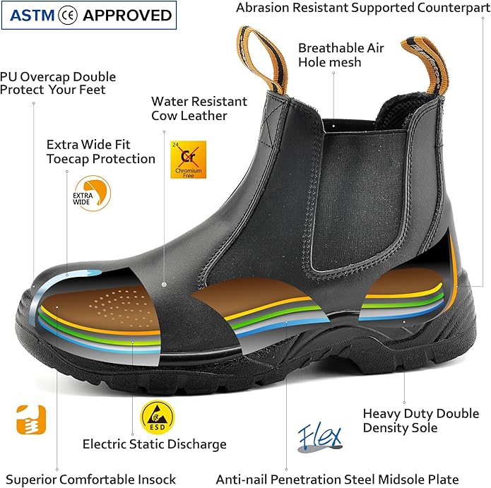 Mens Work Boots Steel Toe Chelsea Safety Boots Cow Leather Waterproof Lightweight Working Shoes