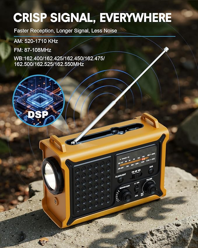 Hand Crank Emergency Radio Solar with 12000mAh Power Bank, NOAA/AM/FM/Weather Alert, 5W LED Flashlight & Reading Lamp for Hurricanes, Blizzards, Power Outage, Survival Gear